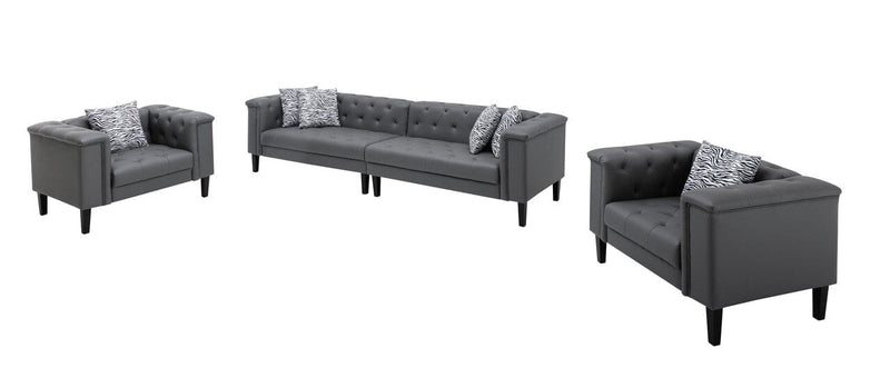Sarah Gray Vegan Leather Tufted Sofa 2 Chairs Living Room Set With 6 Accent Pillows