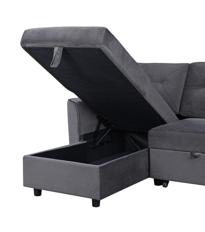 Hudson Dark Gray Velvet Reversible Sleeper Sectional Sofa with Storage Chaise