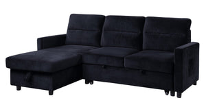 Ivy Black Velvet Reversible Sleeper Sectional Sofa with Storage Chaise and Side Pocket