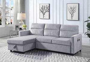 Ivy Light Gray Velvet Reversible Sleeper Sectional Sofa with Storage Chaise and Side Pocket