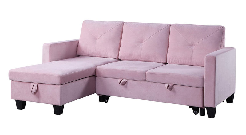 Nova Pink Velvet Reversible Sleeper Sectional Sofa with Storage Chaise