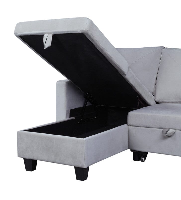 Nova Light Gray Velvet Reversible Sleeper Sectional Sofa with Storage Chaise