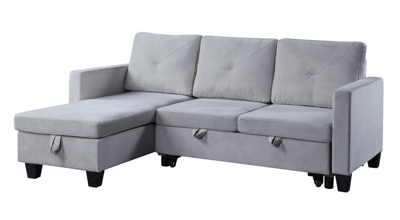 Nova Light Gray Velvet Reversible Sleeper Sectional Sofa with Storage Chaise