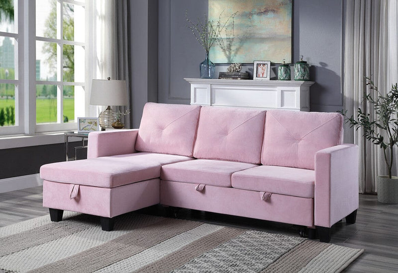Nova Pink Velvet Reversible Sleeper Sectional Sofa with Storage Chaise