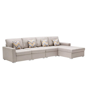 Nolan Beige Linen Fabric 4Pc Reversible Sectional Sofa Chaise with Pillows and Interchangeable Legs