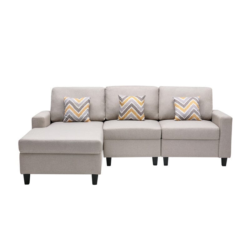 Nolan Beige Linen Fabric 3Pc Reversible Sectional Sofa Chaise with Pillows and Interchangeable Legs