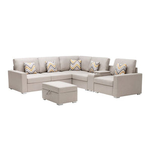 Nolan Beige Linen Fabric 7Pc Reversible Sectional Sofa with Interchangeable Legs, Pillows, Storage Ottoman, and a USB, Charging Ports, Cupholders, Storage Console Table