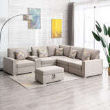 Nolan Beige Linen Fabric 7Pc Reversible Sectional Sofa with Interchangeable Legs, Pillows, Storage Ottoman, and a USB, Charging Ports, Cupholders, Storage Console Table