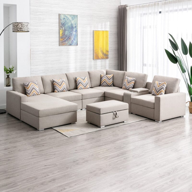 Nolan Beige Linen Fabric 8Pc Reversible Chaise Sectional Sofa with Interchangeable Legs, Pillows, Storage Ottoman, and a USB, Charging Ports, Cupholders, Storage Console Table