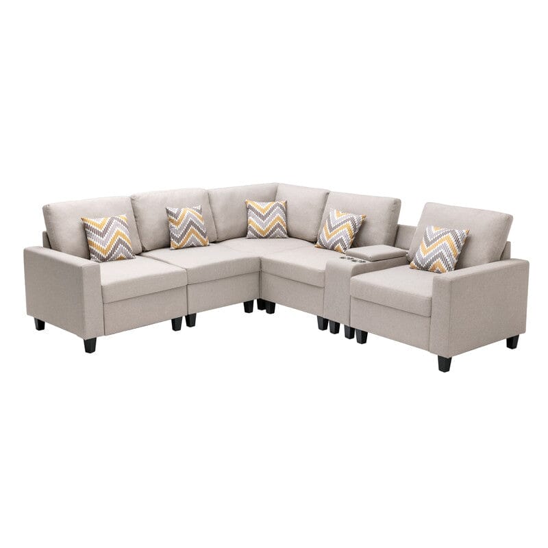Nolan Beige Linen Fabric 6Pc Reversible Sectional Sofa with a USB, Charging Ports, Cupholders, Storage Console Table and Pillows and Interchangeable Legs