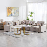 Nolan Beige Linen Fabric 6Pc Reversible Sectional Sofa with a USB, Charging Ports, Cupholders, Storage Console Table and Pillows and Interchangeable Legs