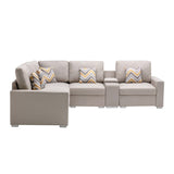 Nolan Beige Linen Fabric 6Pc Reversible Sectional Sofa with a USB, Charging Ports, Cupholders, Storage Console Table and Pillows and Interchangeable Legs