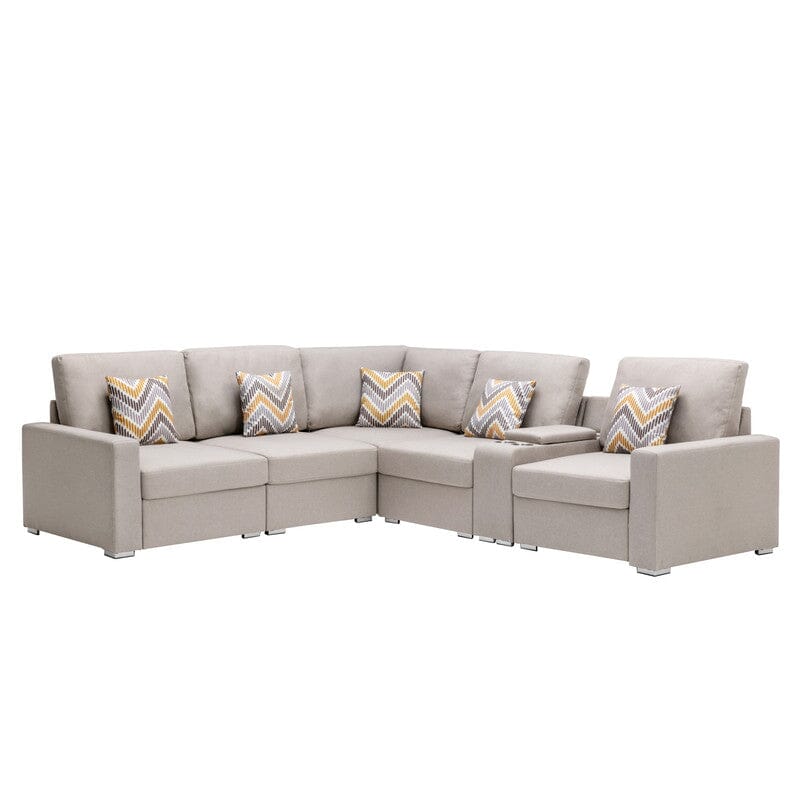 Nolan Beige Linen Fabric 6Pc Reversible Sectional Sofa with a USB, Charging Ports, Cupholders, Storage Console Table and Pillows and Interchangeable Legs