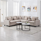 Nolan Beige Linen Fabric 6Pc Reversible Sectional Sofa with a USB, Charging Ports, Cupholders, Storage Console Table and Pillows and Interchangeable Legs