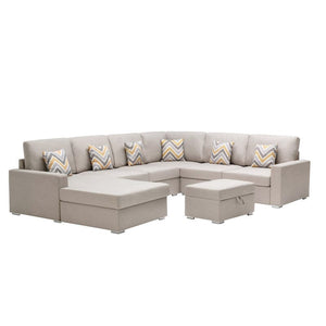 Nolan Beige Linen Fabric 7Pc Reversible Chaise Sectional Sofa with Interchangeable Legs, Pillows and Storage Ottoman
