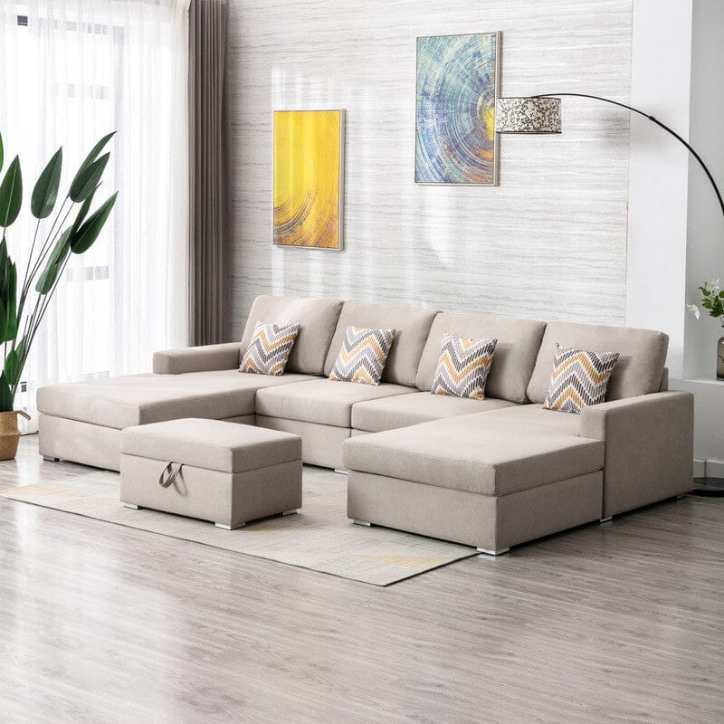 Nolan Beige Linen Fabric 5Pc Double Chaise Sectional Sofa with Interchangeable Legs, Storage Ottoman, and Pillows
