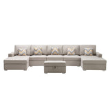 Nolan Beige Linen Fabric 6Pc Double Chaise Sectional Sofa with Interchangeable Legs, Storage Ottoman, and Pillows