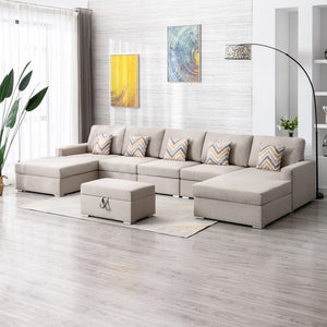 Nolan Beige Linen Fabric 6Pc Double Chaise Sectional Sofa with Interchangeable Legs, Storage Ottoman, and Pillows