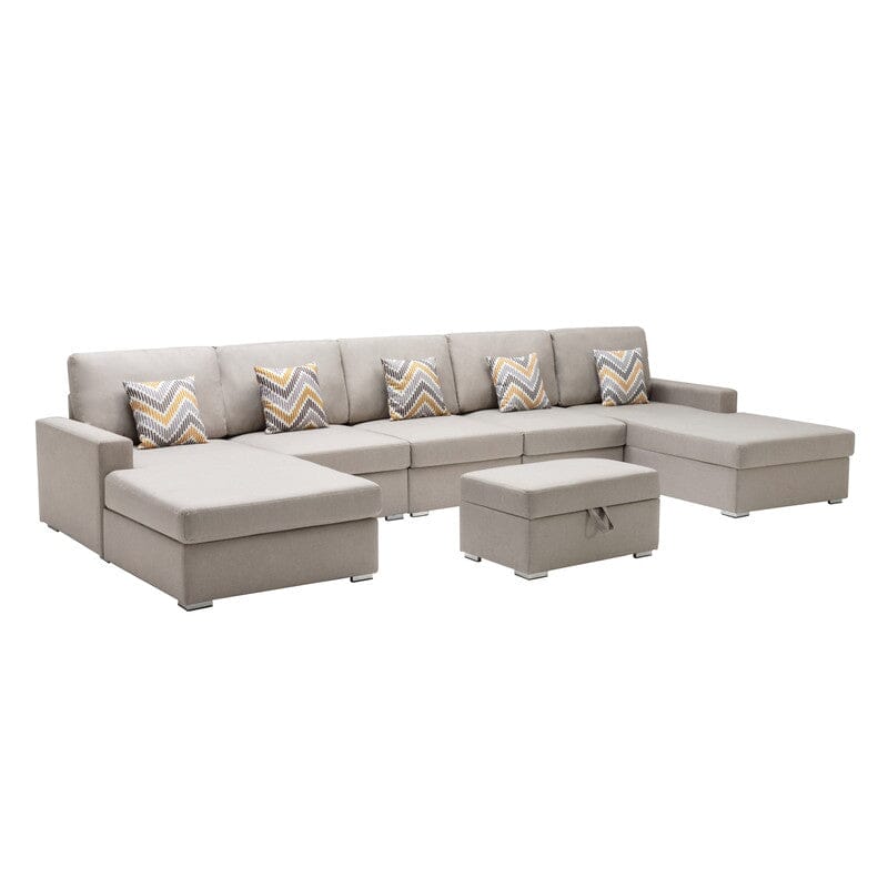 Nolan Beige Linen Fabric 6Pc Double Chaise Sectional Sofa with Interchangeable Legs, Storage Ottoman, and Pillows
