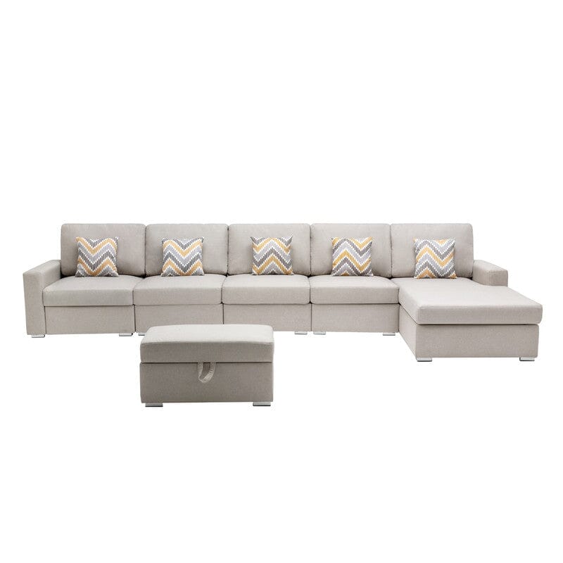 Nolan Beige Linen Fabric 6Pc Reversible Sectional Sofa Chaise with Interchangeable Legs, Pillows and Storage Ottoman