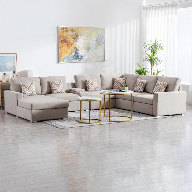 Nolan Beige Linen Fabric 7Pc Reversible Chaise Sectional Sofa with a USB, Charging Ports, Cupholders, Storage Console Table and Pillows and Interchangeable Legs
