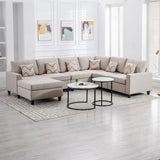 Nolan Beige Linen Fabric 6Pc Reversible Chaise Sectional Sofa with Pillows and Interchangeable Legs