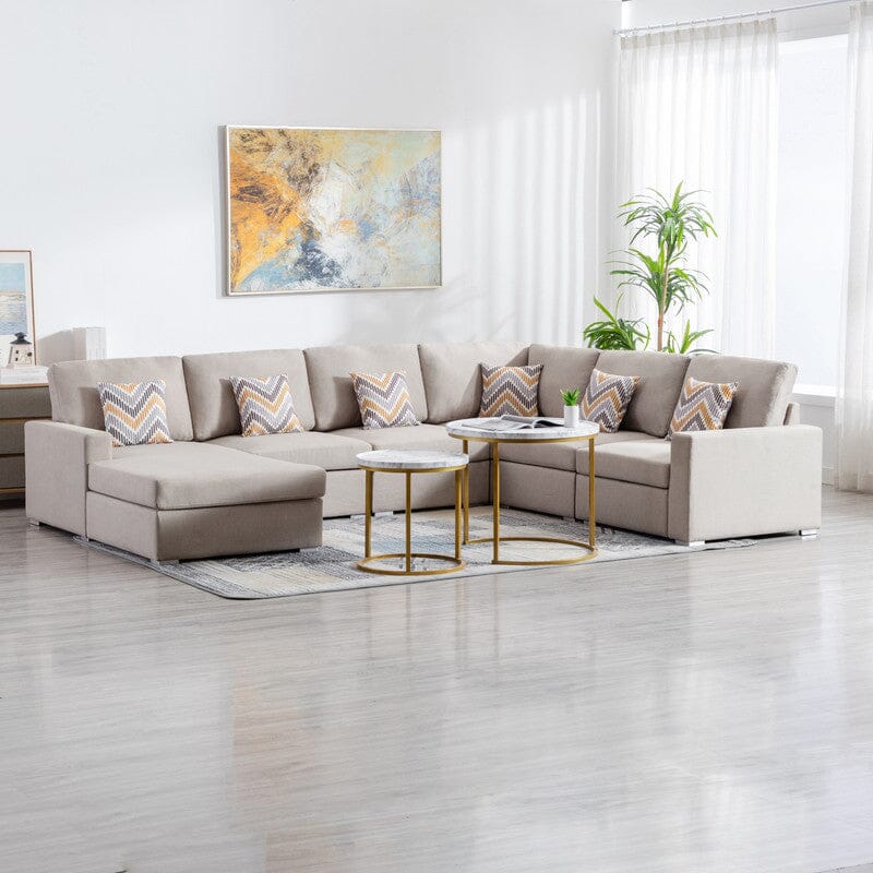 Nolan Beige Linen Fabric 6Pc Reversible Chaise Sectional Sofa with Pillows and Interchangeable Legs