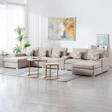 Nolan Beige Linen Fabric 6Pc Double Chaise Sectional Sofa with Interchangeable Legs, a USB, Charging Ports, Cupholders, Storage Console Table and Pillows