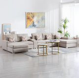 Nolan Beige Linen Fabric 6Pc Double Chaise Sectional Sofa with Interchangeable Legs, a USB, Charging Ports, Cupholders, Storage Console Table and Pillows