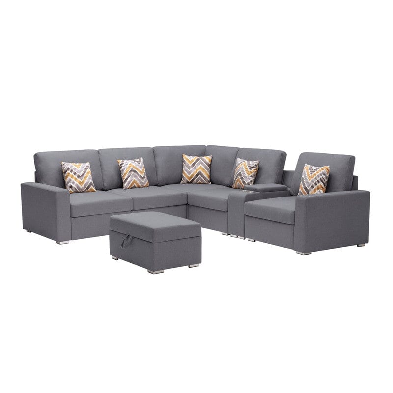 Nolan Gray Linen Fabric 7Pc Reversible Sectional Sofa with Interchangeable Legs, Pillows, Storage Ottoman, and a USB, Charging Ports, Cupholders, Storage Console Table