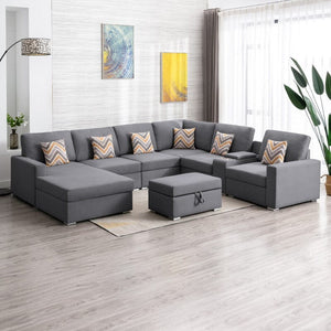 Nolan Gray Linen Fabric 8Pc Reversible Chaise Sectional Sofa with Interchangeable Legs, Pillows, Storage Ottoman, and a USB, Charging Ports, Cupholders, Storage Console Table