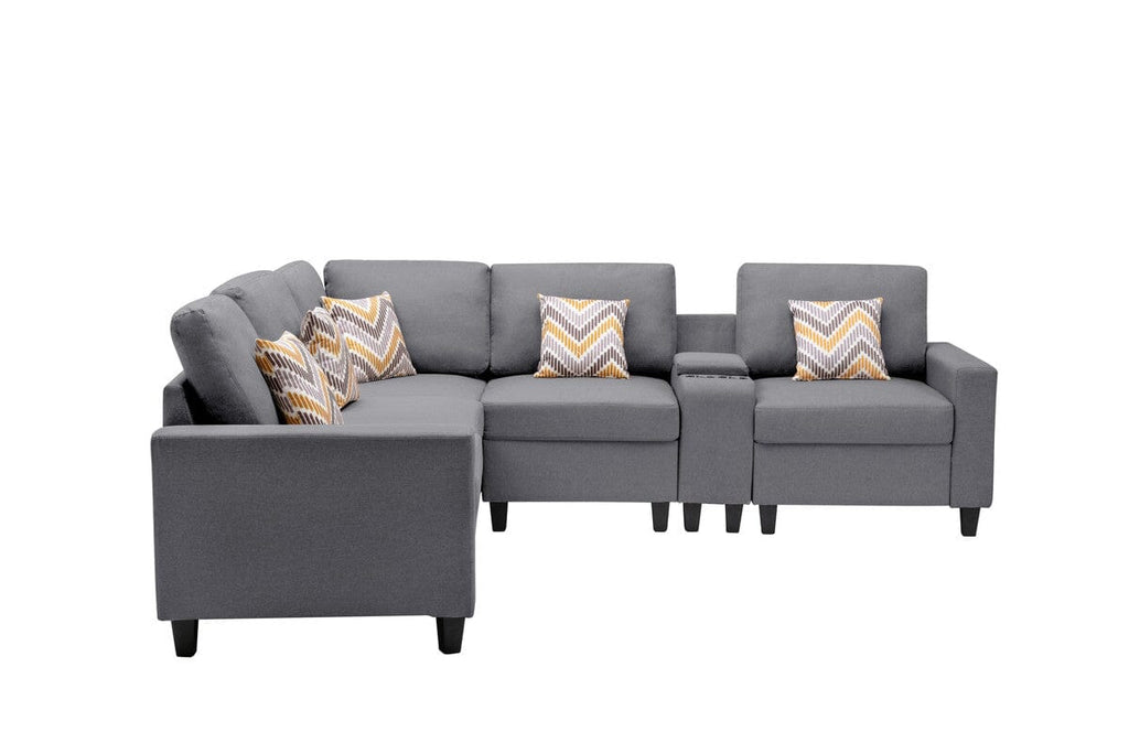 Nolan Gray Linen Fabric 6Pc Reversible Sectional Sofa with a USB, Charging Ports, Cupholders, Storage Console Table and Pillows and Interchangeable Legs