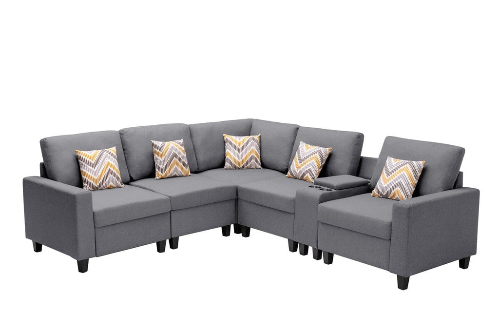 Nolan Gray Linen Fabric 6Pc Reversible Sectional Sofa with a USB, Charging Ports, Cupholders, Storage Console Table and Pillows and Interchangeable Legs