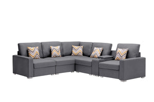 Nolan Gray Linen Fabric 6Pc Reversible Sectional Sofa with a USB, Charging Ports, Cupholders, Storage Console Table and Pillows and Interchangeable Legs