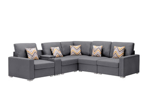 Nolan Gray Linen Fabric 6Pc Reversible Sectional Sofa with a USB, Charging Ports, Cupholders, Storage Console Table and Pillows and Interchangeable Legs