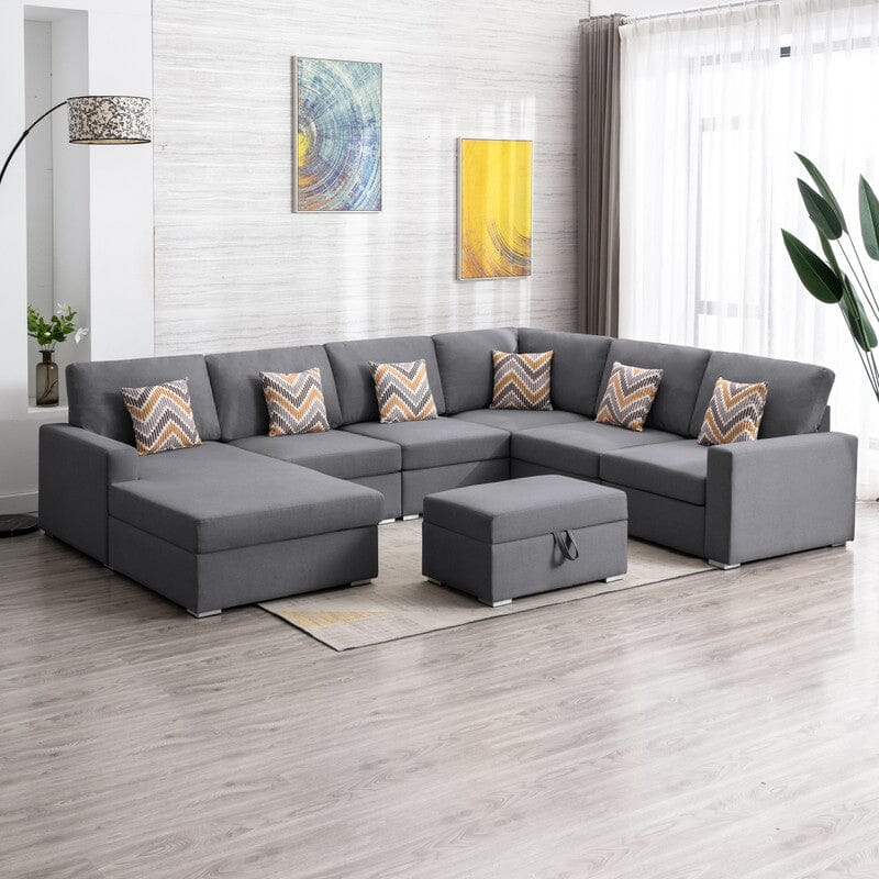Nolan Gray Linen Fabric 7Pc Reversible Chaise Sectional Sofa with Interchangeable Legs, Pillows and Storage Ottoman