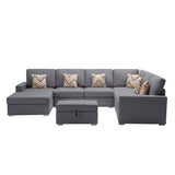 Nolan Gray Linen Fabric 7Pc Reversible Chaise Sectional Sofa with Interchangeable Legs, Pillows and Storage Ottoman