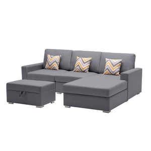 Nolan Gray Linen Fabric 4Pc Reversible Sofa Chaise with Interchangeable Legs, Storage Ottoman, and Pillows