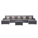 Nolan Gray Linen Fabric 6Pc Double Chaise Sectional Sofa with Interchangeable Legs, Storage Ottoman, and Pillows