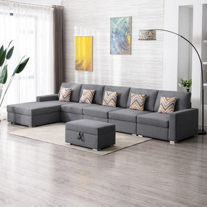 Nolan Gray Linen Fabric 6Pc Reversible Sectional Sofa Chaise with Interchangeable Legs, Pillows and Storage Ottoman