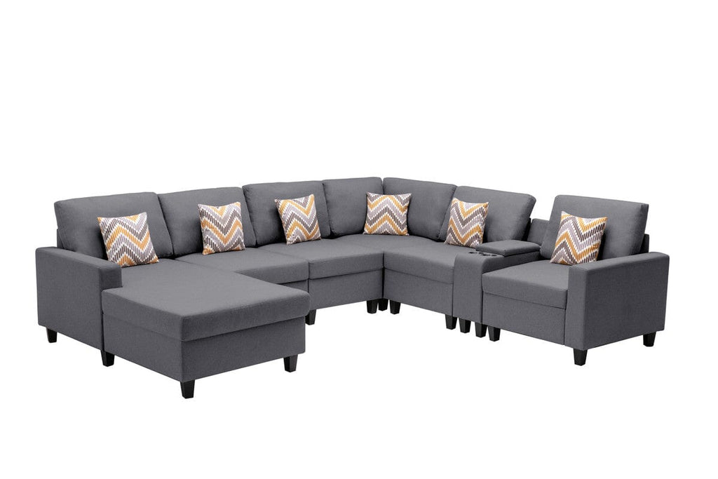 Nolan Gray Linen Fabric 7Pc Reversible Chaise Sectional Sofa with a USB, Charging Ports, Cupholders, Storage Console Table and Pillows and Interchangeable Legs