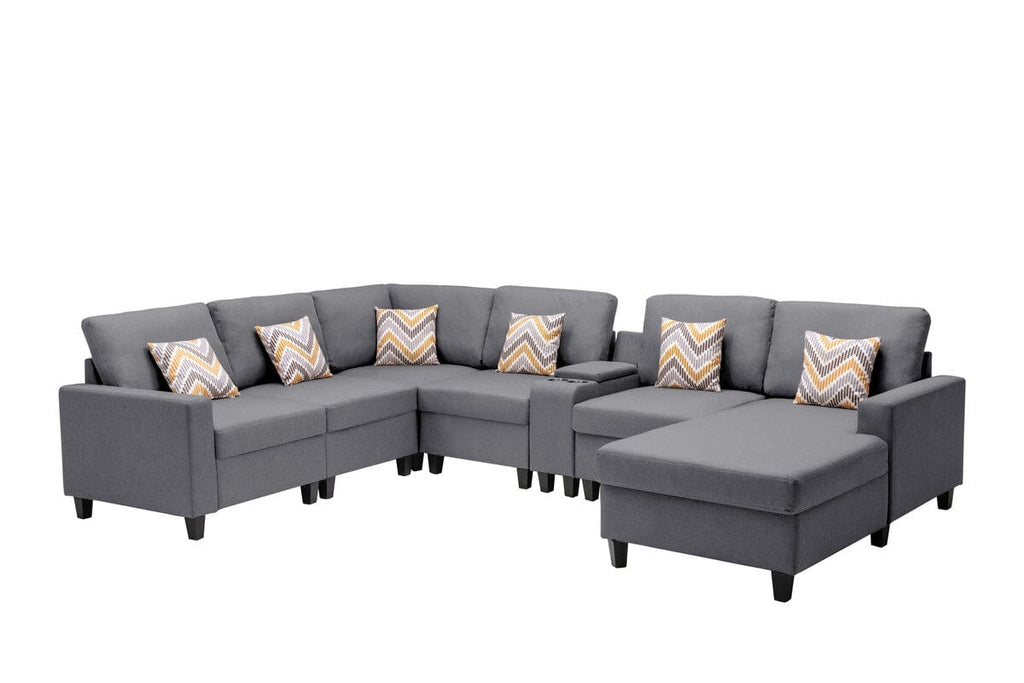 Nolan Gray Linen Fabric 7Pc Reversible Chaise Sectional Sofa with a USB, Charging Ports, Cupholders, Storage Console Table and Pillows and Interchangeable Legs