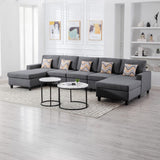 Nolan Gray Linen Fabric 5Pc Double Chaise Sectional Sofa with Pillows and Interchangeable Legs