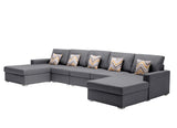 Nolan Gray Linen Fabric 5Pc Double Chaise Sectional Sofa with Pillows and Interchangeable Legs