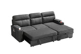 Kaden Gray Fabric Sleeper Sectional Sofa Chaise with Storage Arms and Cupholder