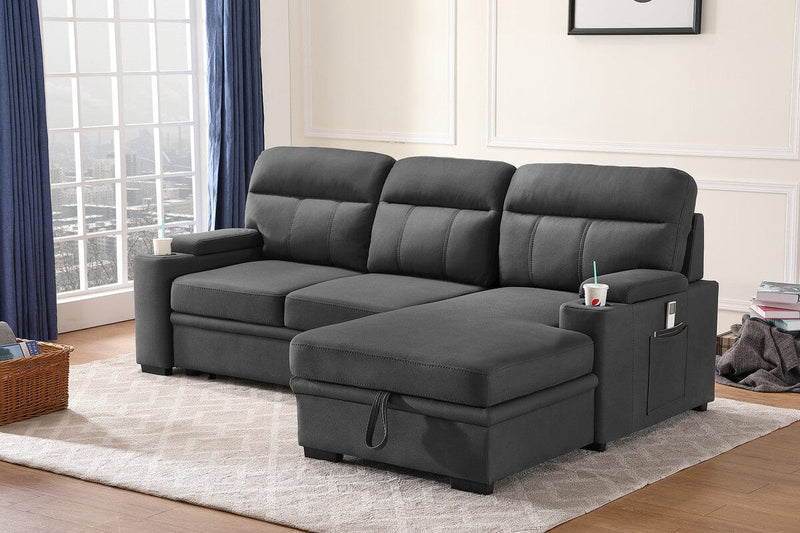 Kaden Gray Fabric Sleeper Sectional Sofa Chaise with Storage Arms and Cupholder