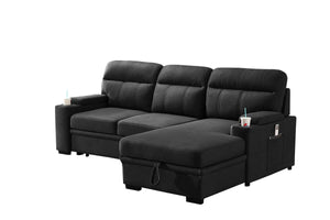 Kaden Black Fabric Sleeper Sectional Sofa Chaise with Storage Arms and Cupholder