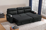 Kaden Black Fabric Sleeper Sectional Sofa Chaise with Storage Arms and Cupholder