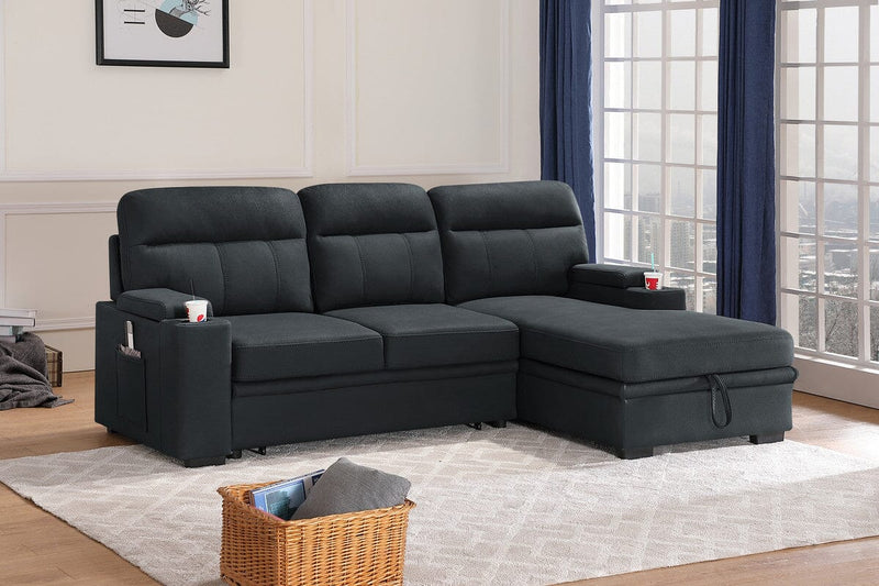 Kaden Black Fabric Sleeper Sectional Sofa Chaise with Storage Arms and Cupholder