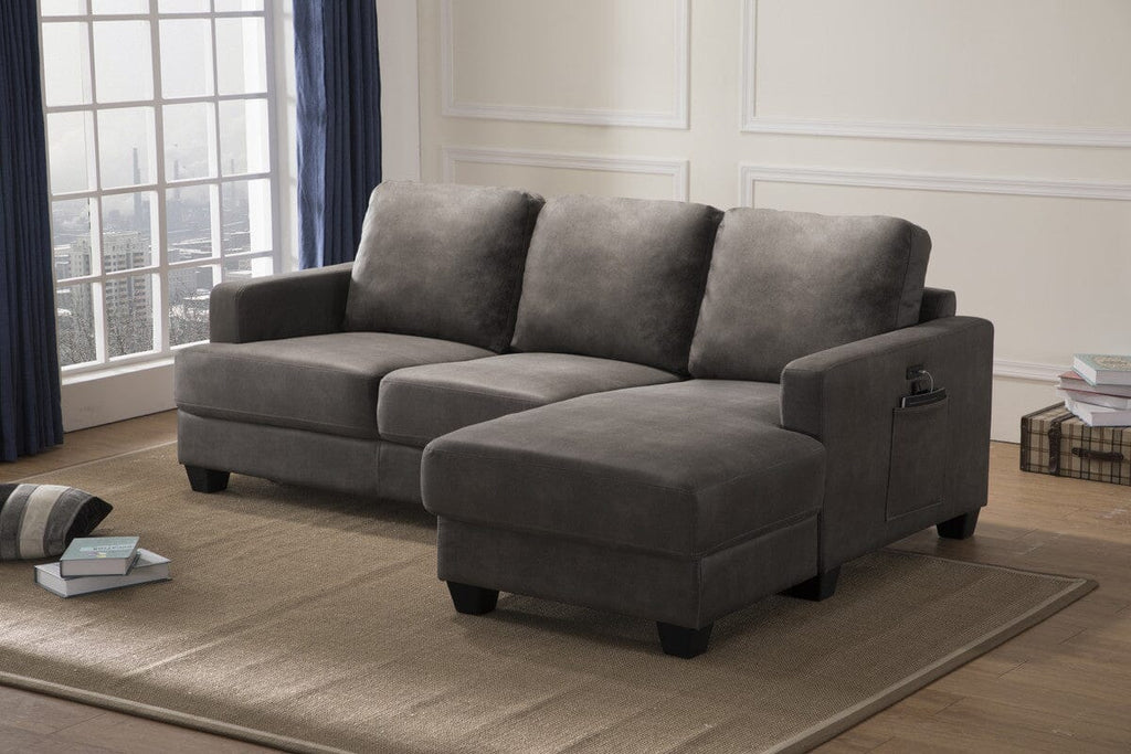 Caleb Gray Fabric Sectional Sofa Chaise with USB Charger and Tablet Pocket